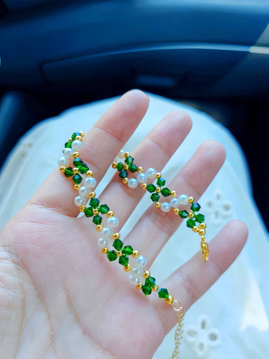 Emerald Green Crystal Pearl Bracelet