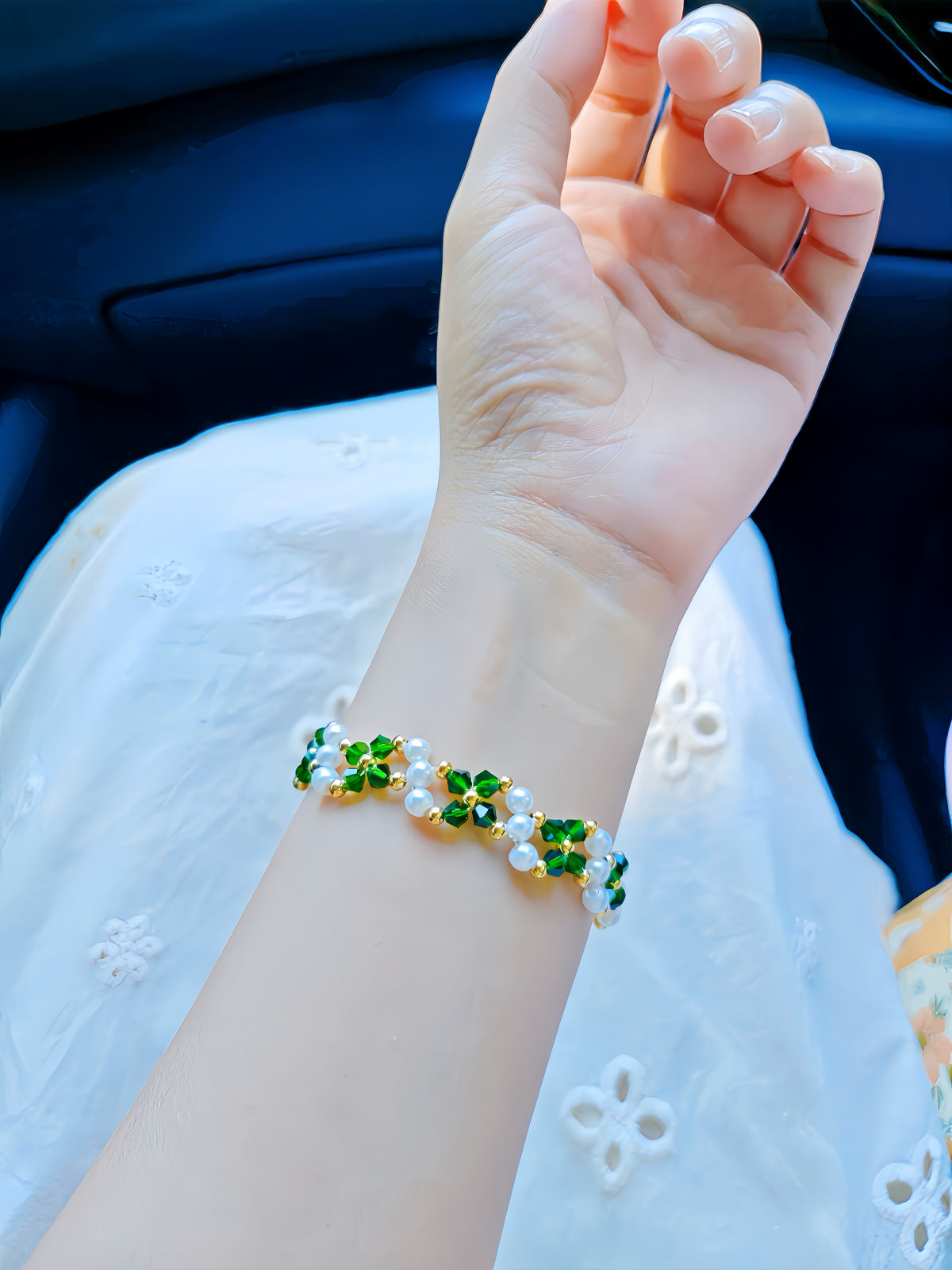 Emerald Green Crystal Pearl Bracelet