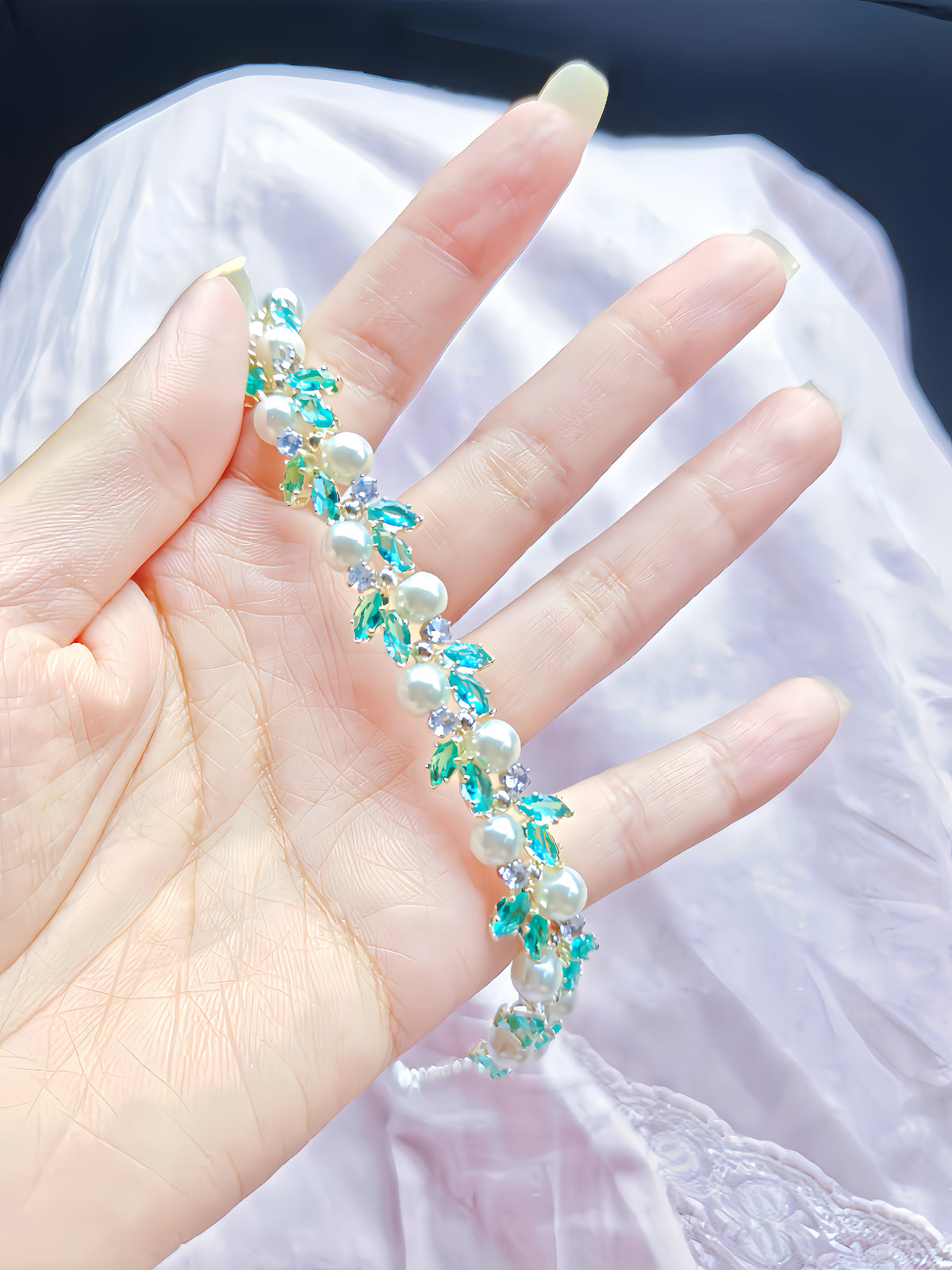 Aqua Leaf Pearl Crystal Bracelet