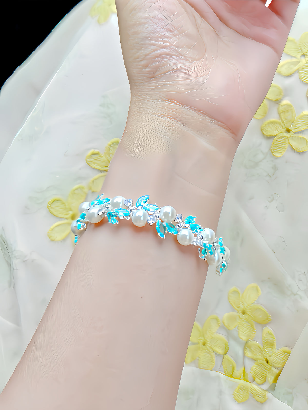 Aqua Leaf Pearl Crystal Bracelet