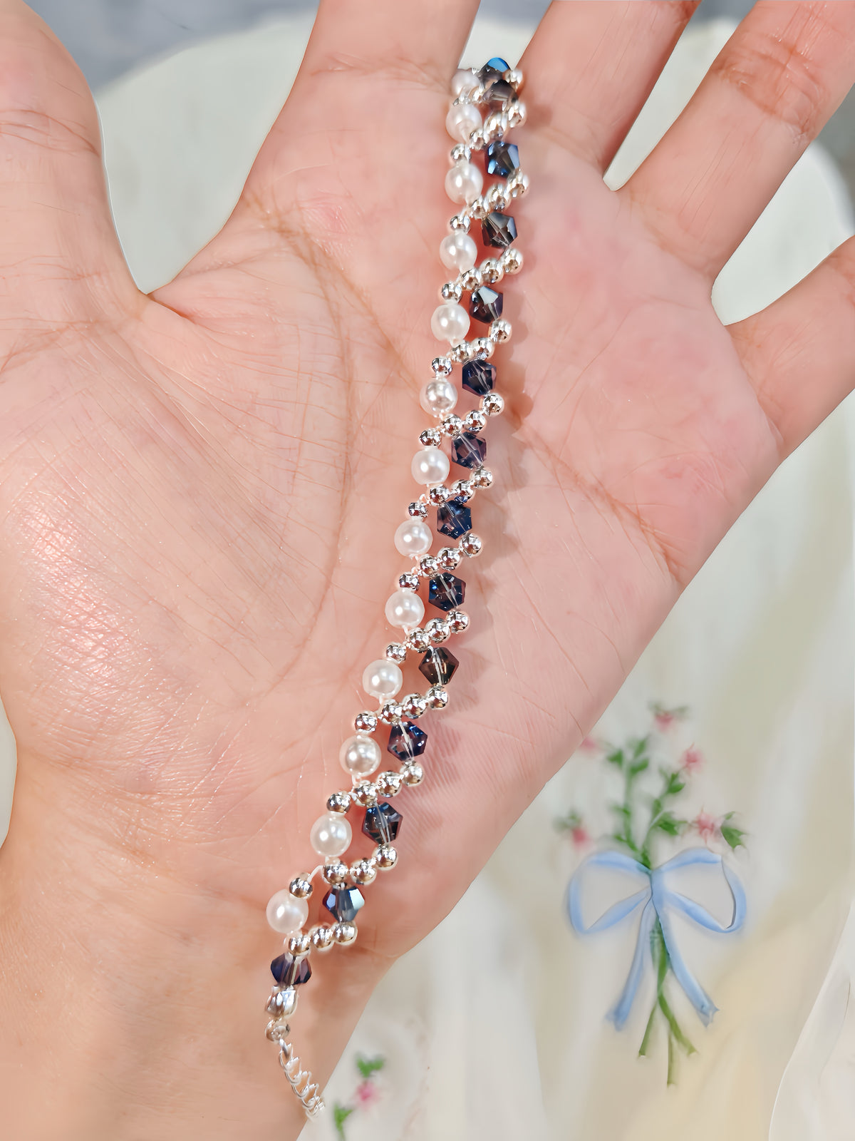 Midnight Blue Crystal Pearl Bracelet