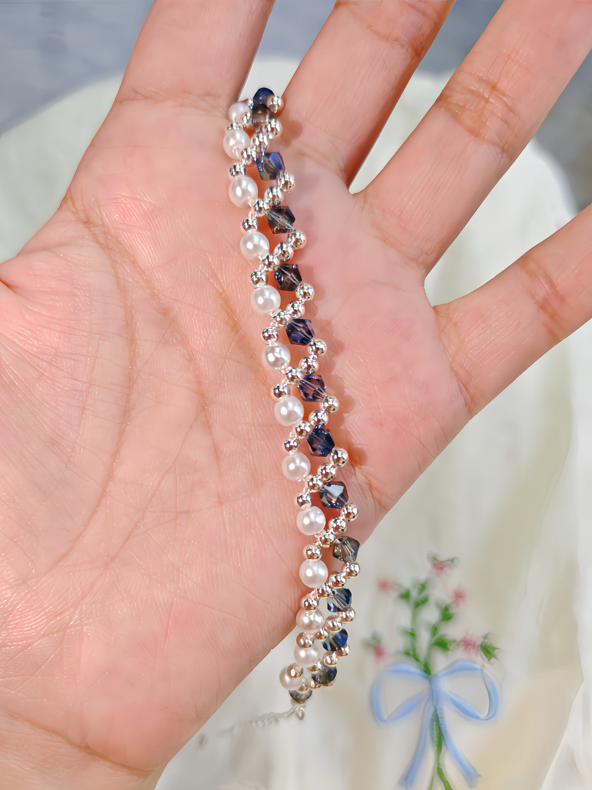Midnight Blue Crystal Pearl Bracelet