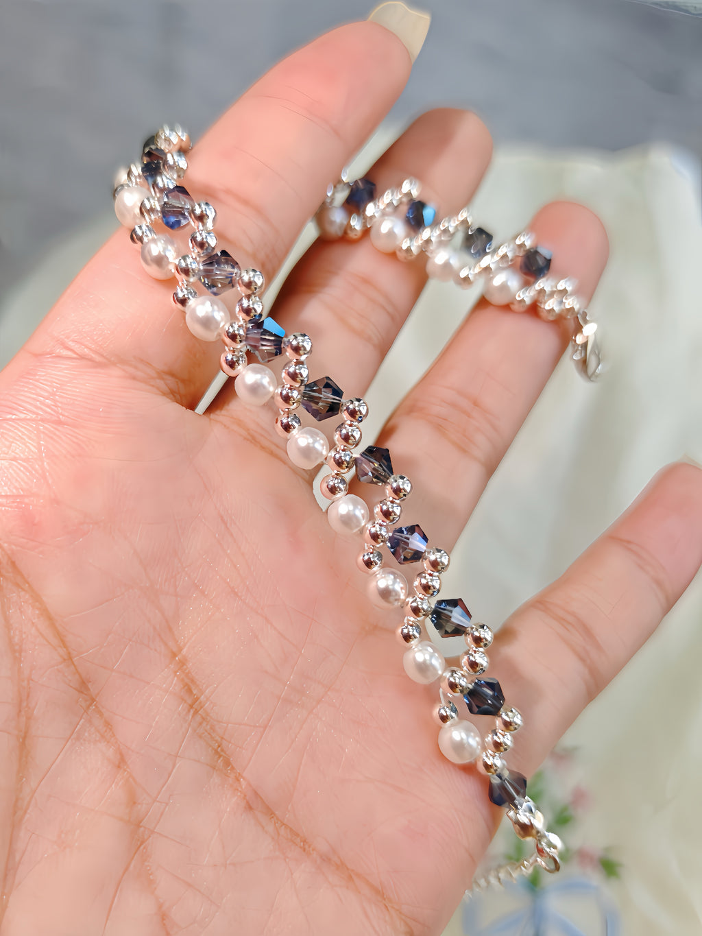 Midnight Blue Crystal Pearl Bracelet