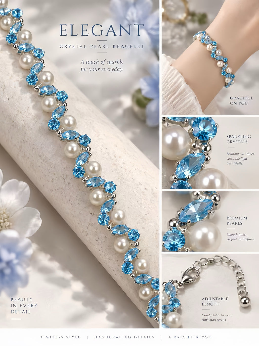Azure Bloom Crystal Pearl Bracelet 🩵✨