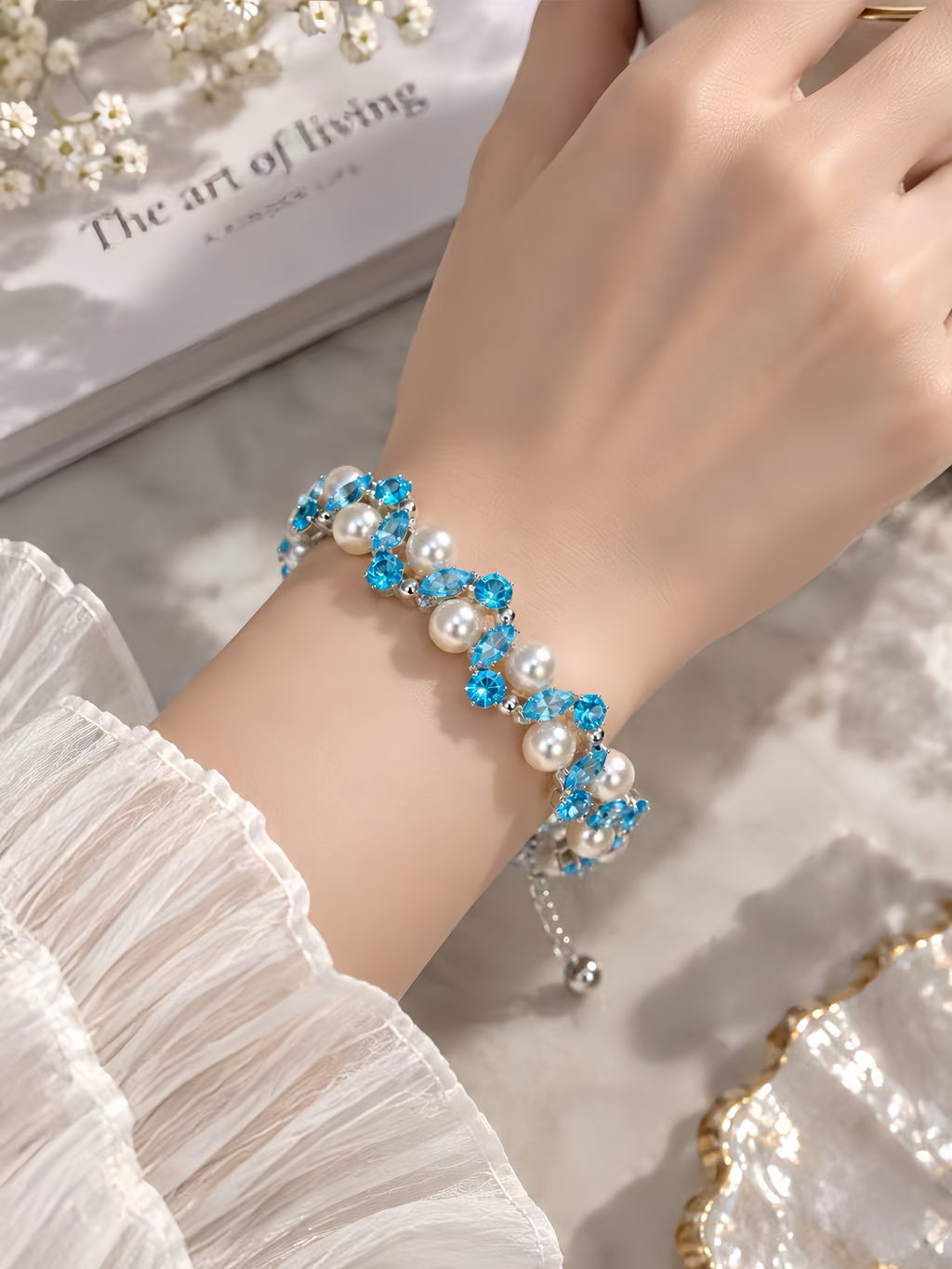 Azure Bloom Crystal Pearl Bracelet 🩵✨