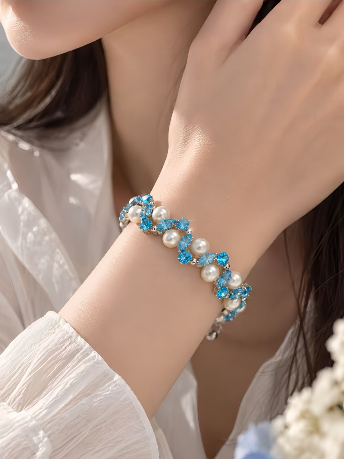 Azure Bloom Crystal Pearl Bracelet 🩵✨