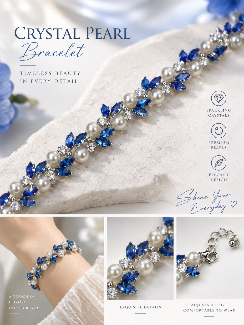 Royal Sapphire Crystal Pearl Bracelet 💙✨