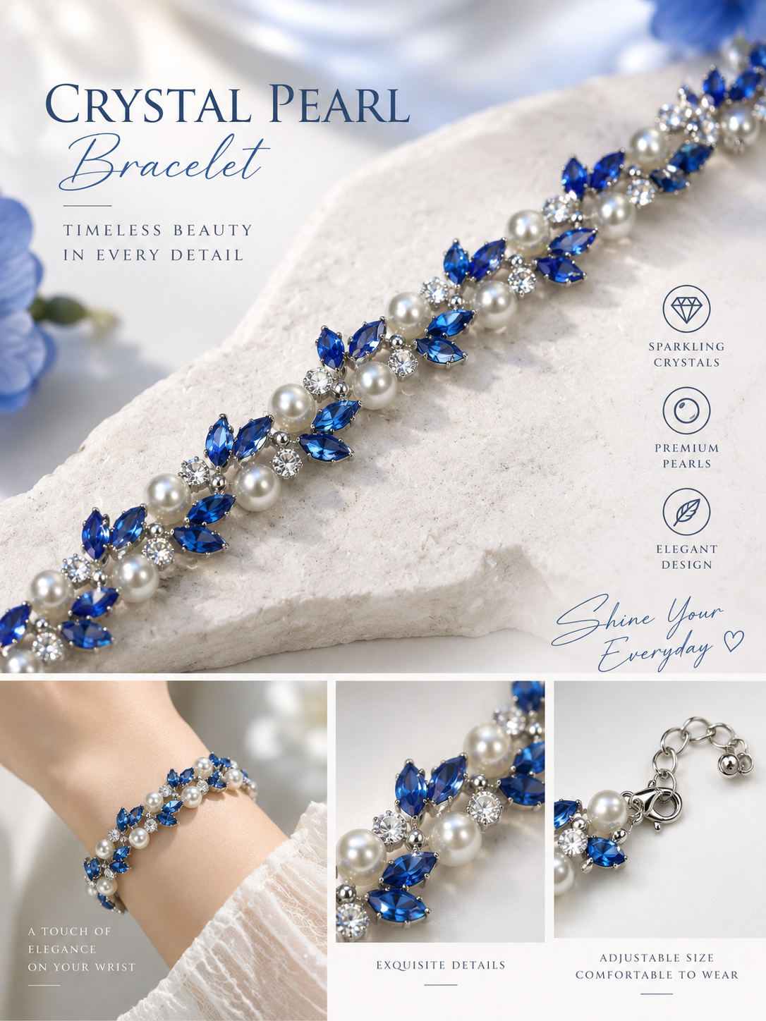 Royal Sapphire Crystal Pearl Bracelet 💙✨