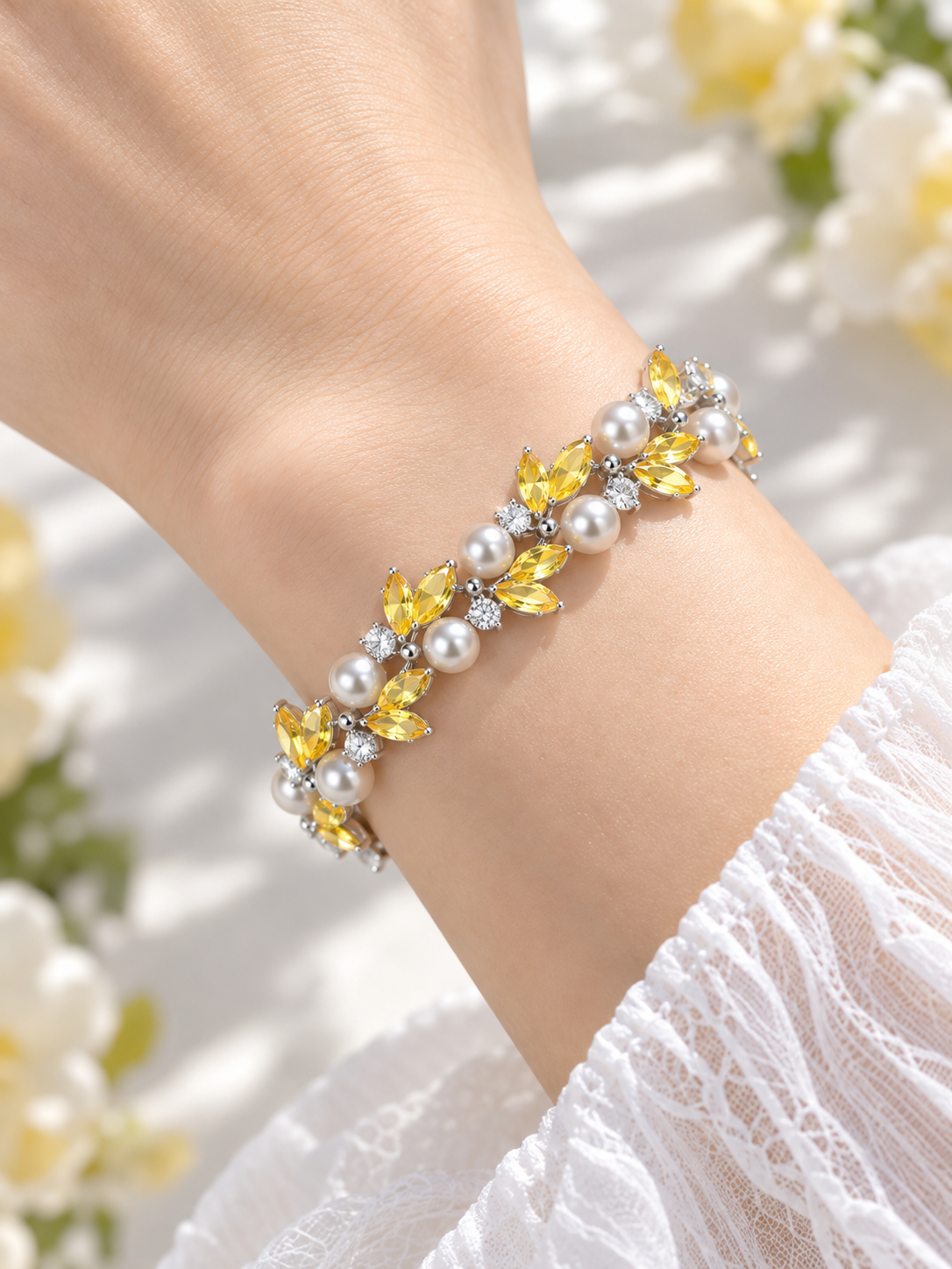 Golden Bloom Crystal Pearl Bracelet