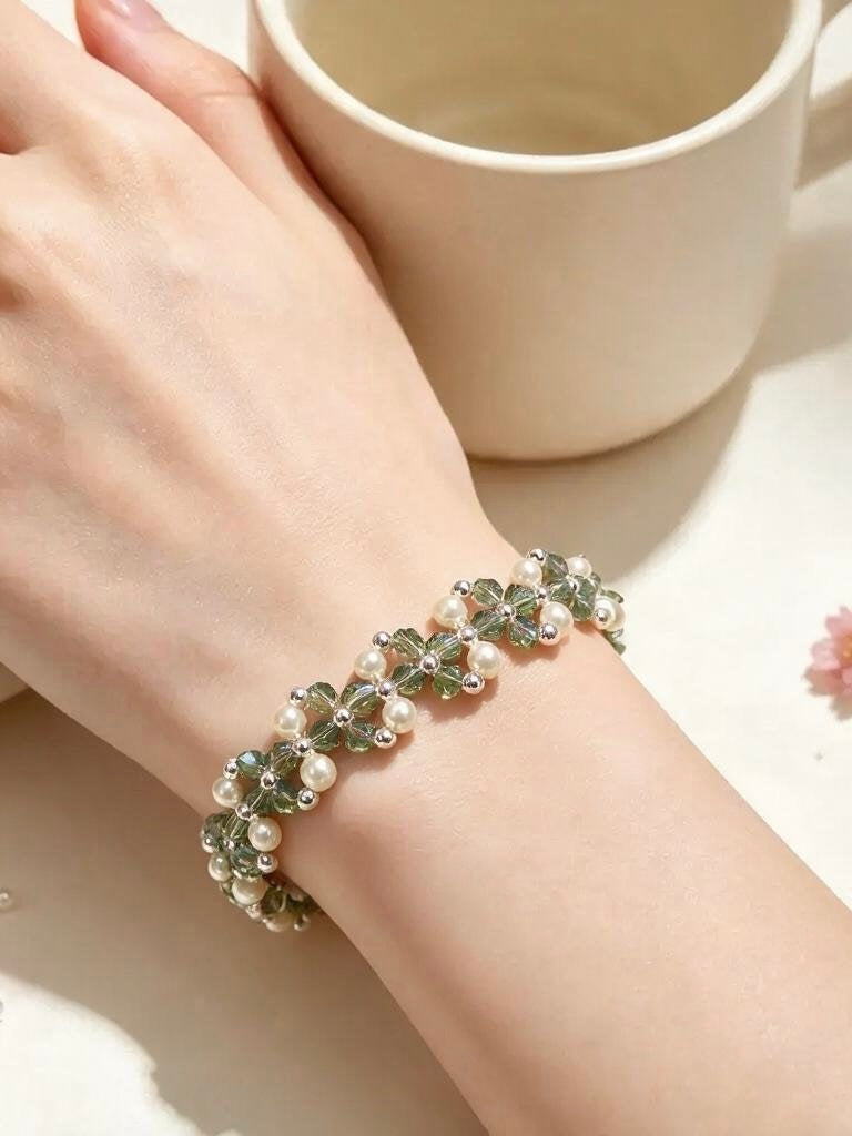 Olive Mist Crystal Pearl Bracelet