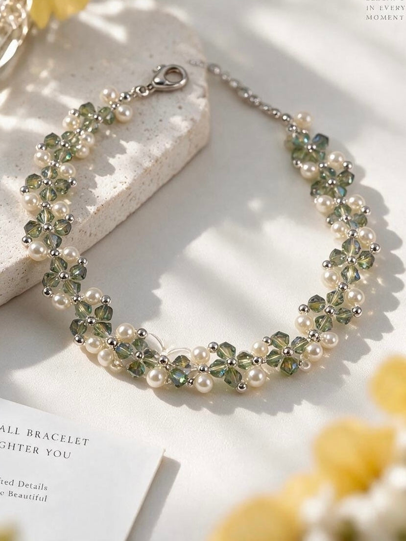 Olive Mist Crystal Pearl Bracelet