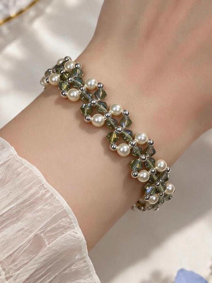 Olive Mist Crystal Pearl Bracelet