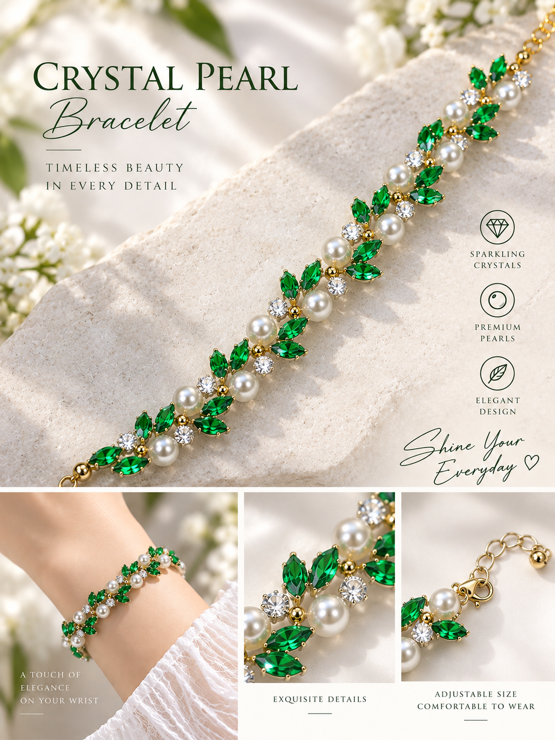 Emerald Garden Crystal Pearl Bracelet